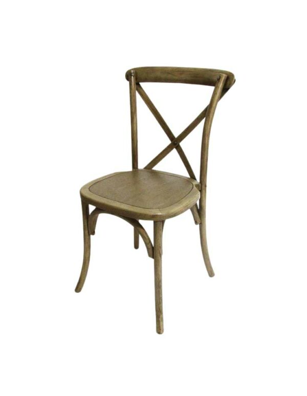 - Cross Back Chair – Weathered Oak - 1 - RSVP Party Rentals