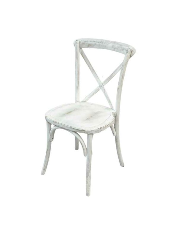 Cross Back Chair – Distressed White - 1 - RSVP Party Rentals