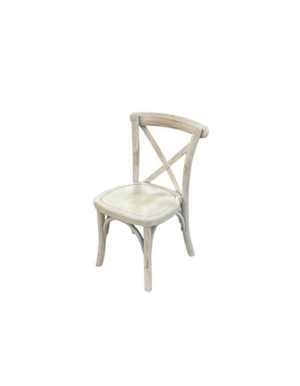 - Childs Distressed White Cross Back Chair - 1 - RSVP Party Rentals